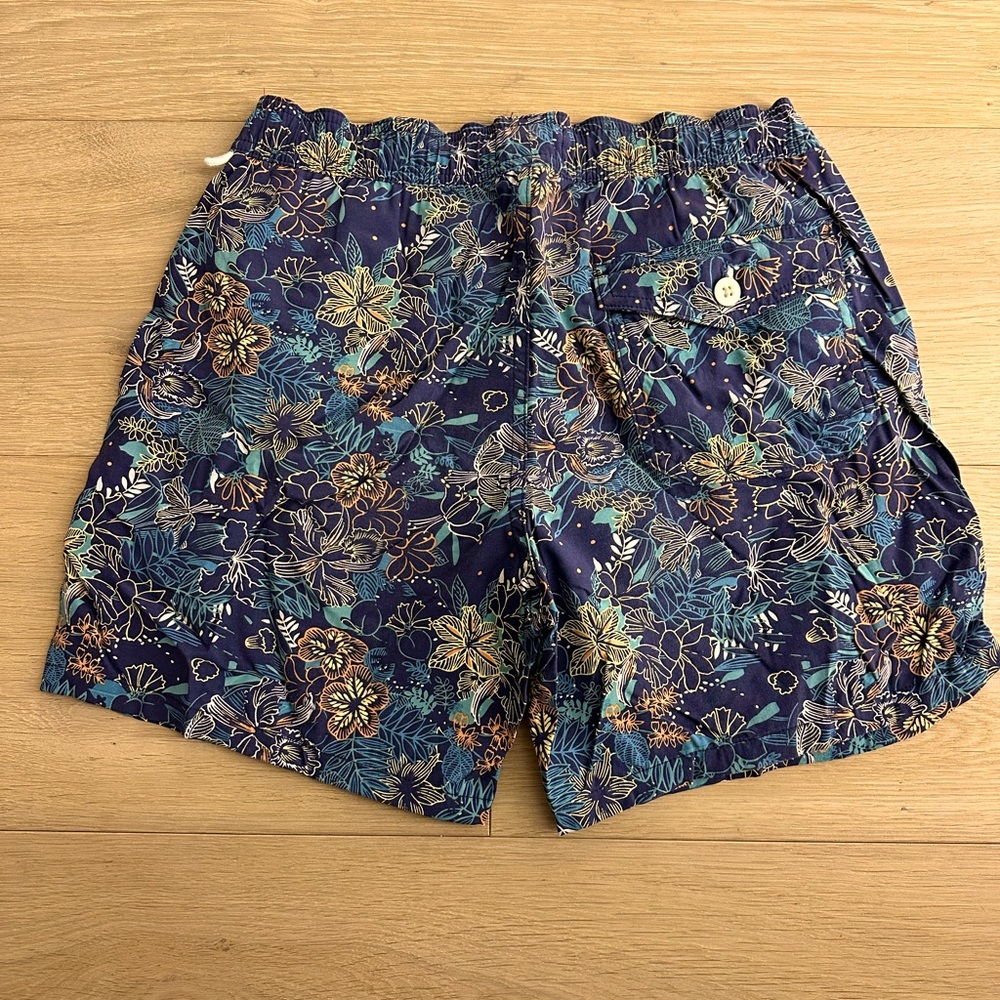 Men's Floral Swim Trunks - Navy Blue with Teal & Gold Accents - Picture 3 of 4